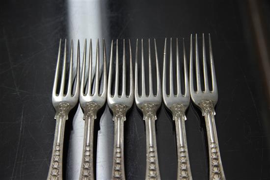 A part suite of George IV silver double struck Coburg pattern flatware, by Eley & Fearn, 98 oz.